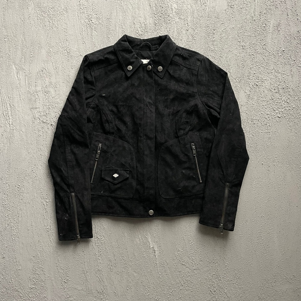 Vintage Harley Davidson Embroidered Winged Biker Jacket Womens Medium Black Y2K